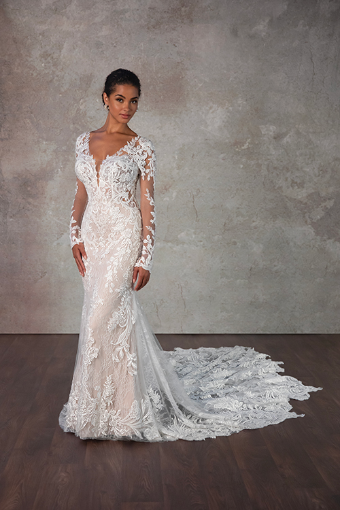 Essense of Australia D4213 #0 default (IVIV-PL) Ivory Lace & Tulle over Ivory Gown w Porcelain Tulle Plunge thumbnail