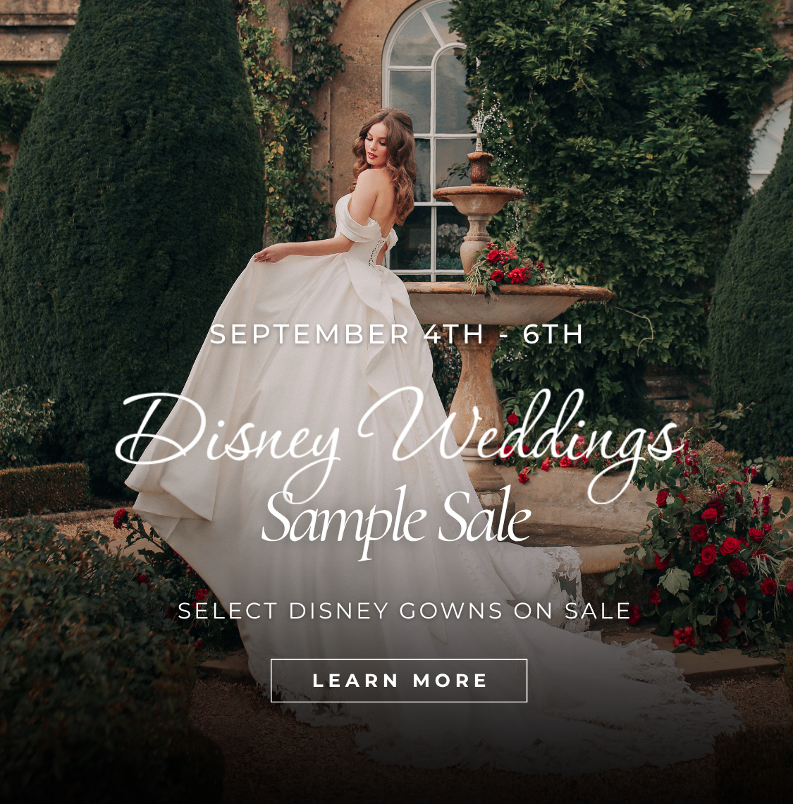 Disney Sample Sale - Model Standing on Fountain in a Belle Inspired Wedding Dress